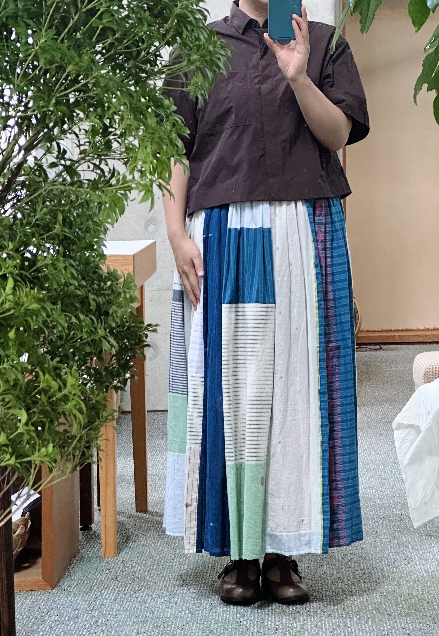 【ブルー&グリーン 】パッチワークギャザースカート